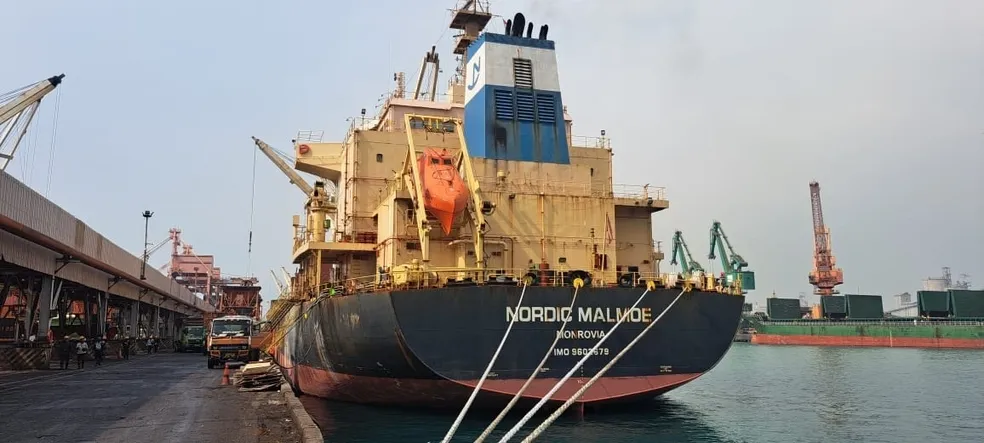 Cargo vessel NORDIC MALMOE docked at port during Pioneer Offshore Solutions marine project delivery